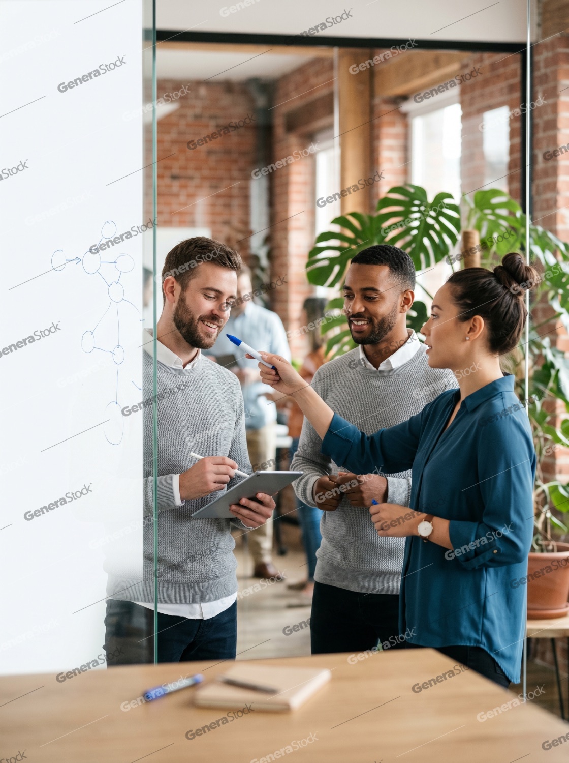 Diverse group of young professionals collaborating on a project in a modern loft office, using a glass whiteboard and digital tablet