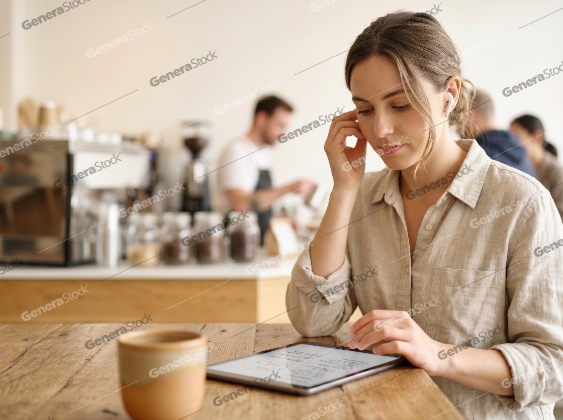 Young Woman Using a Digital Tablet and Wireless Earbuds in a Modern Cafe