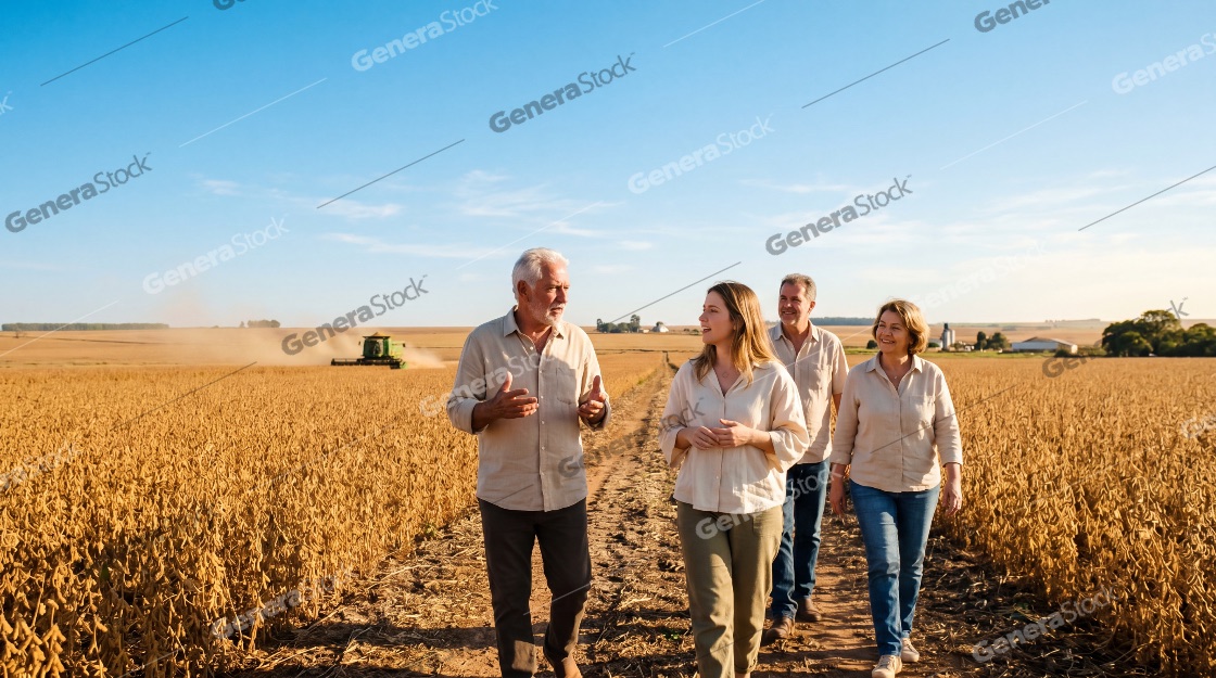 Happy multi-generational family of farmers walking through a mature soybean field during harvest season with a combine harvester in the background