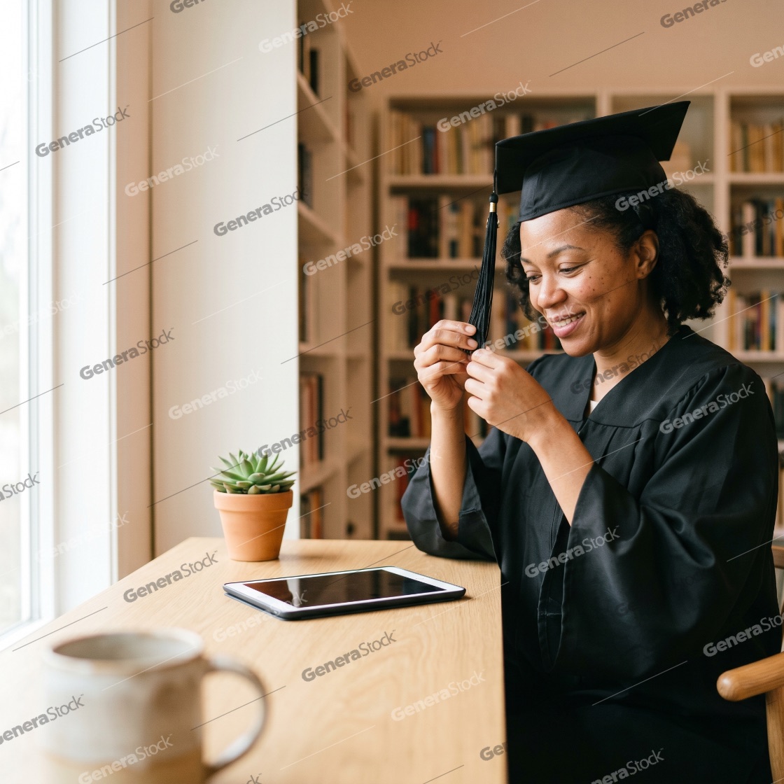Proud African American Woman in Graduation Gown Adjusting Tassel at Home Desk