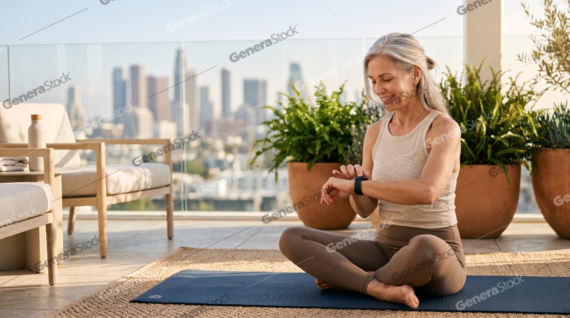 Active senior woman sitting on a yoga mat and checking her fitness tracker on a sunny rooftop terrace with a city skyline background