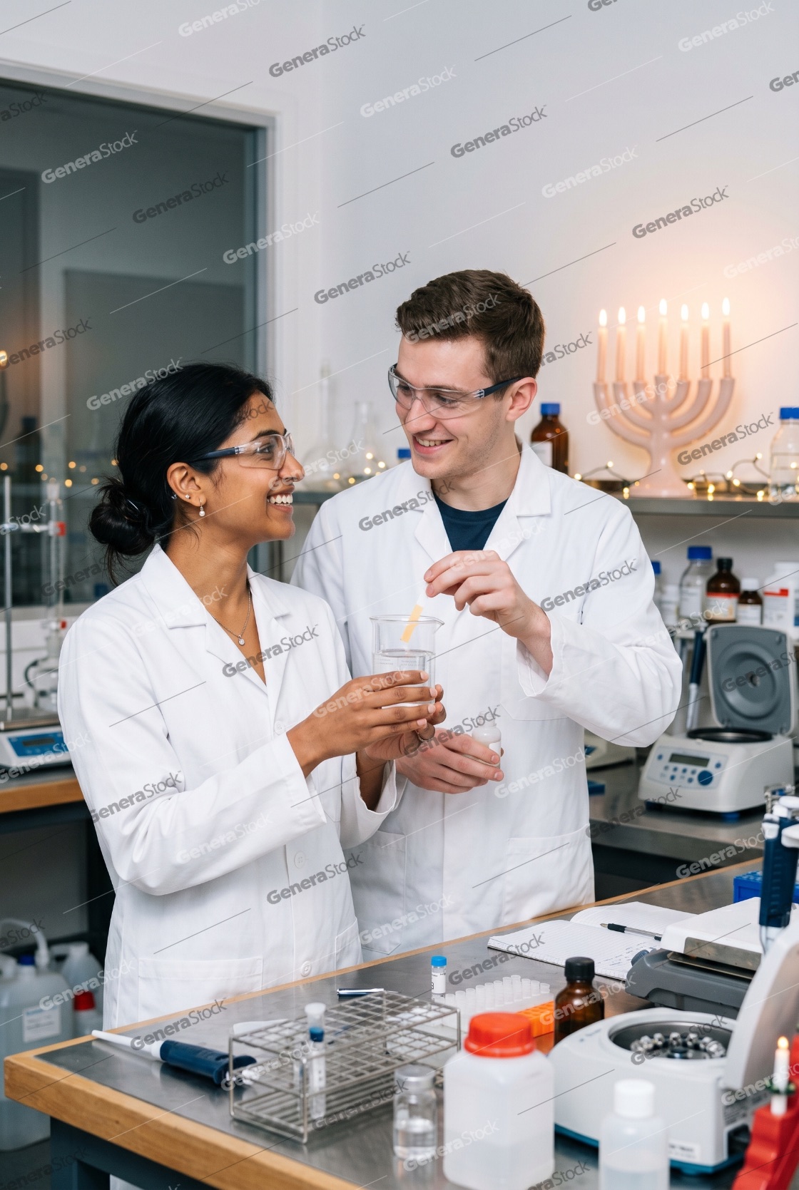 Two diverse scientists working in a laboratory with a Hanukkah menorah in the background