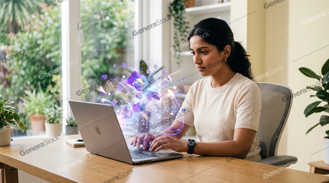Young professional woman working on a laptop with a futuristic 3