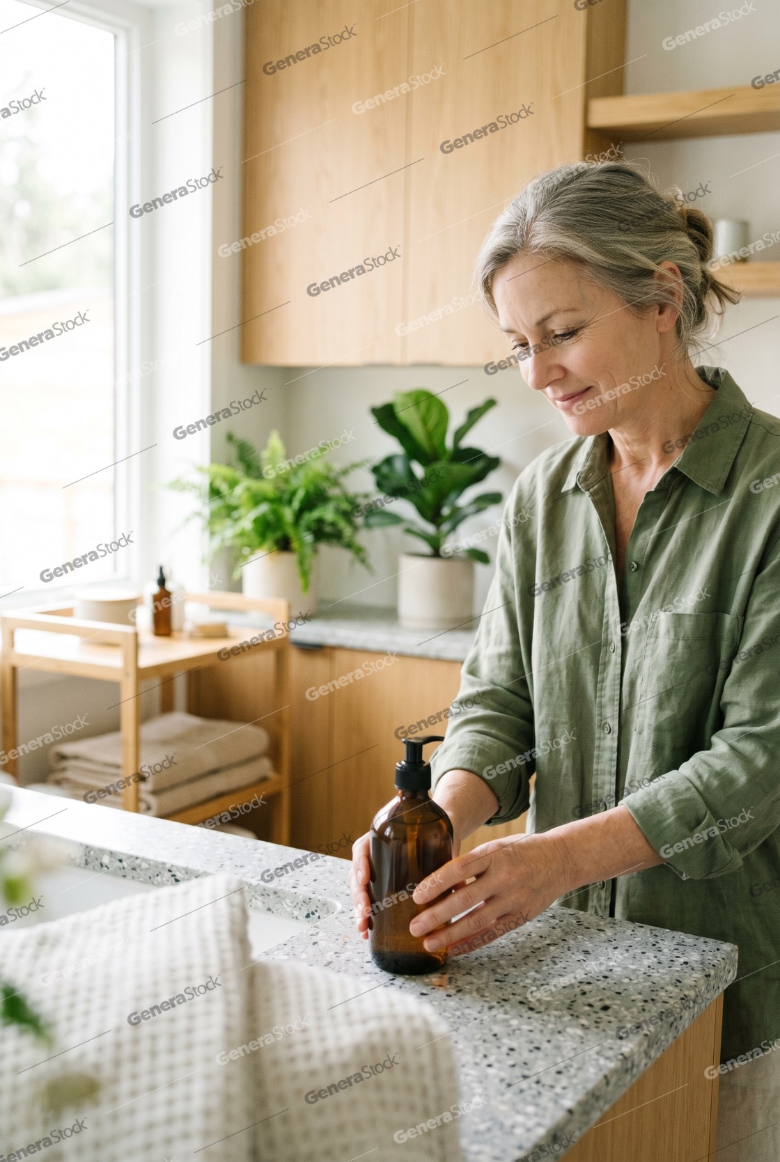 Mature Woman Holding an Amber Glass Soap Dispenser in a Modern Bright Bathroom