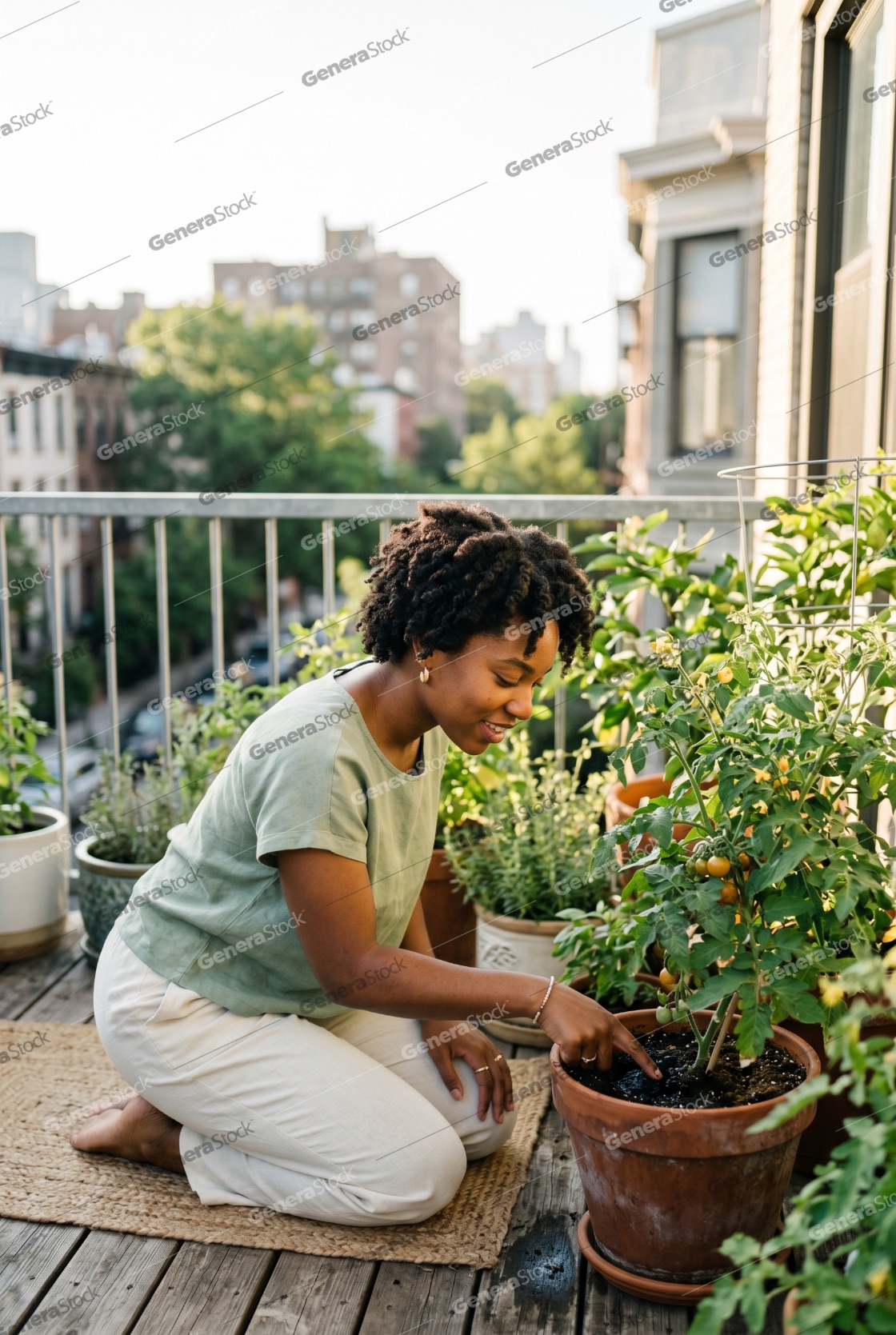 Smiling young Black woman gardening on a city balcony, caring for tomato plants in terracotta pots during golden hour