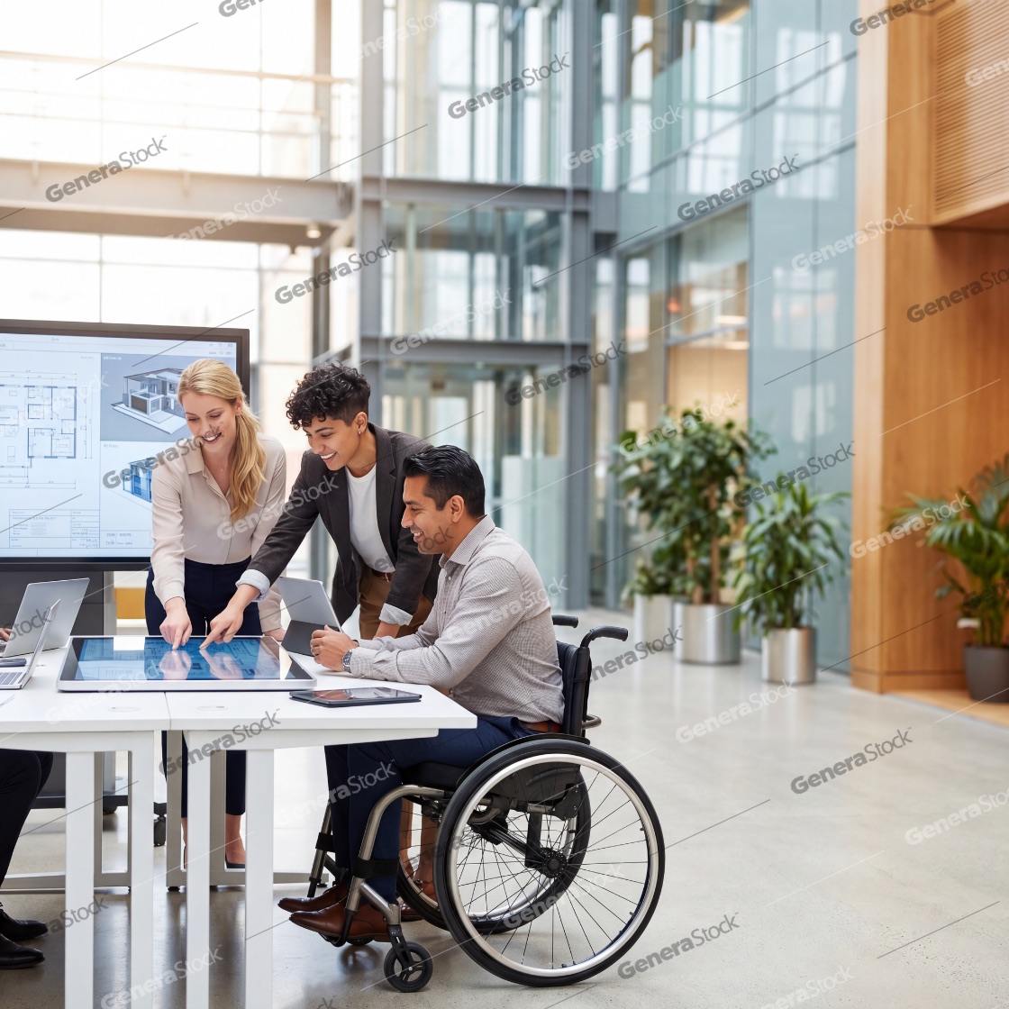 Diverse team of professional architects and engineers including a man in a wheelchair collaborating on a building project using a large touchscreen table in a modern bright office environment