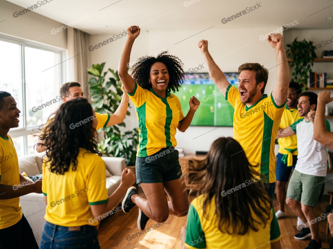Group of Diverse Friends Celebrating a Goal While Watching a Soccer Match at Home