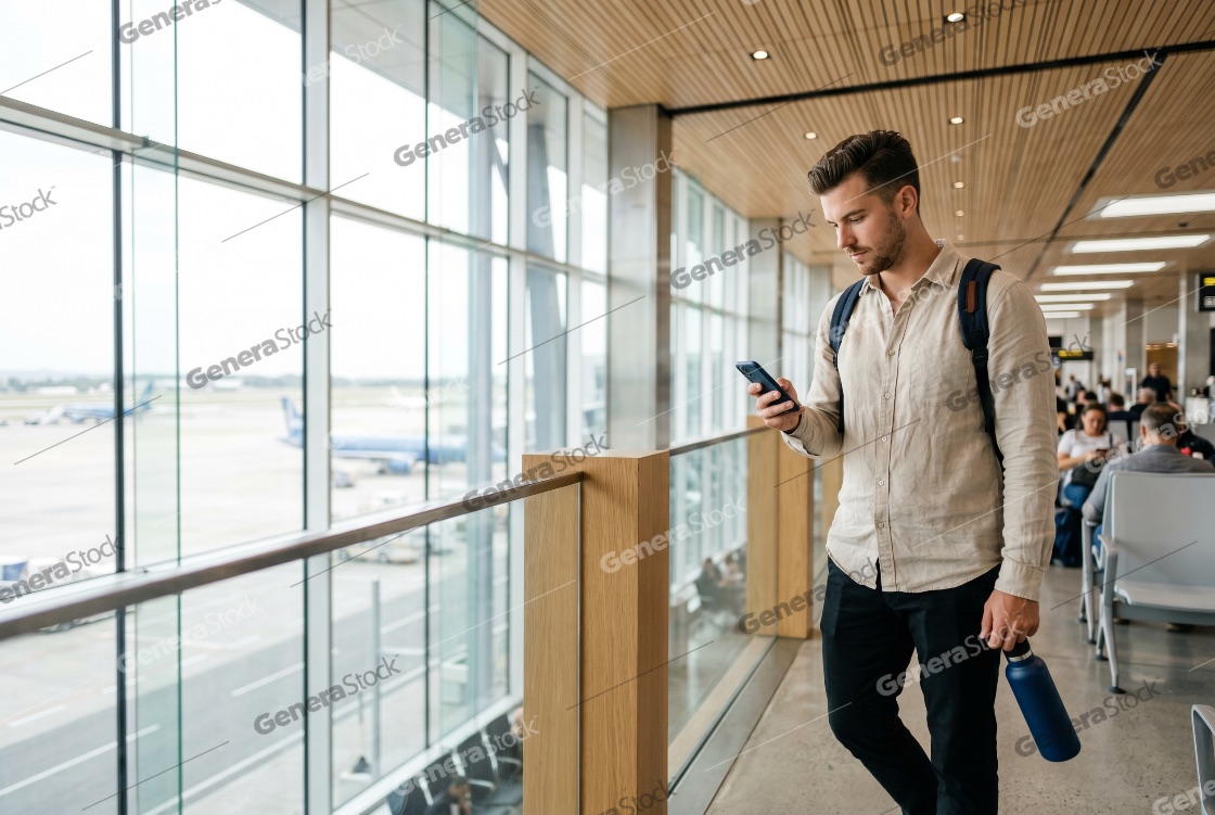 Young male traveler with backpack and water bottle checking his smartphone at the airport terminal