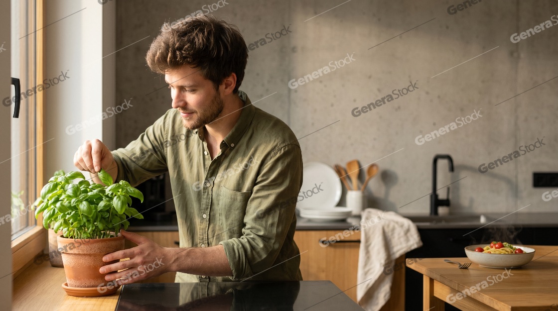 Young man picking fresh basil leaves from a potted plant on a sunny kitchen windowsill