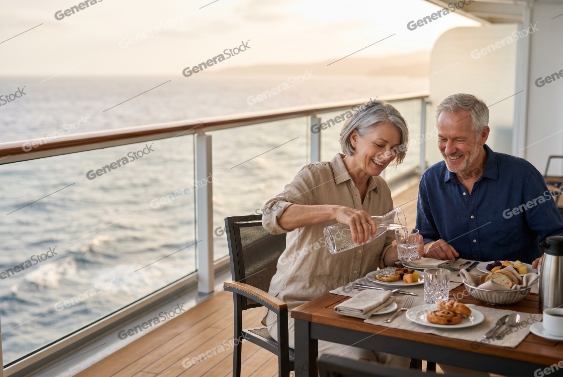 Happy senior couple enjoying a luxury breakfast on a private cruise ship balcony overlooking the ocean at sunrise