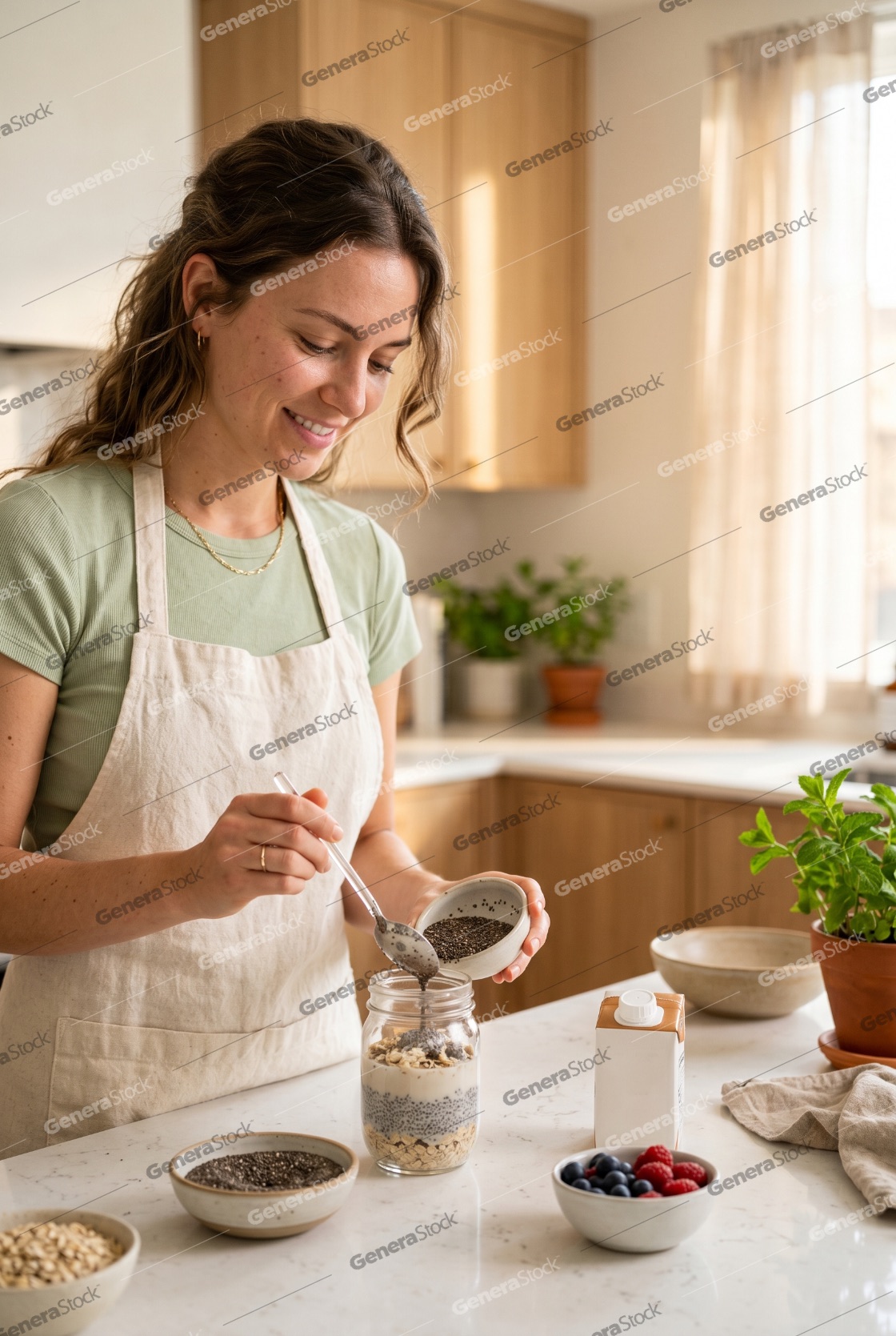Smiling Young Woman Preparing Healthy Overnight Oats with Chia Seeds in a Bright Modern Kitchen