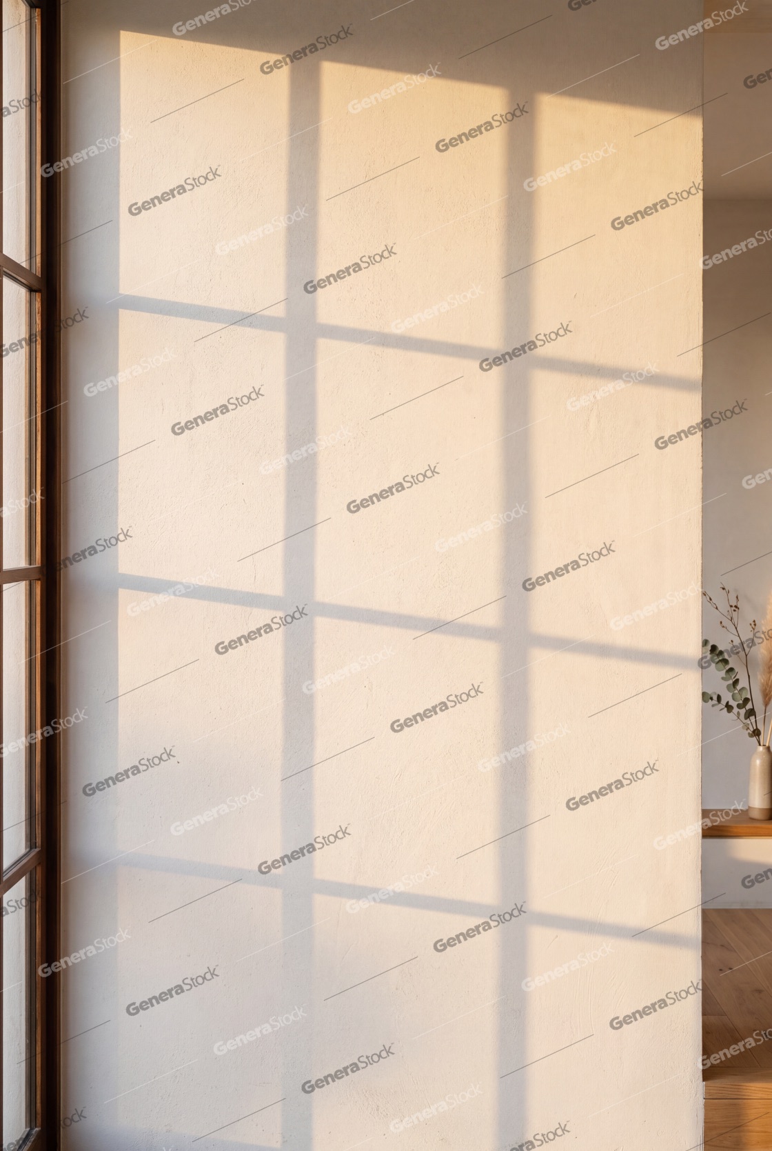 Warm Golden Sunlight Casting Window Frame Shadows on a Minimalist Textured Wall