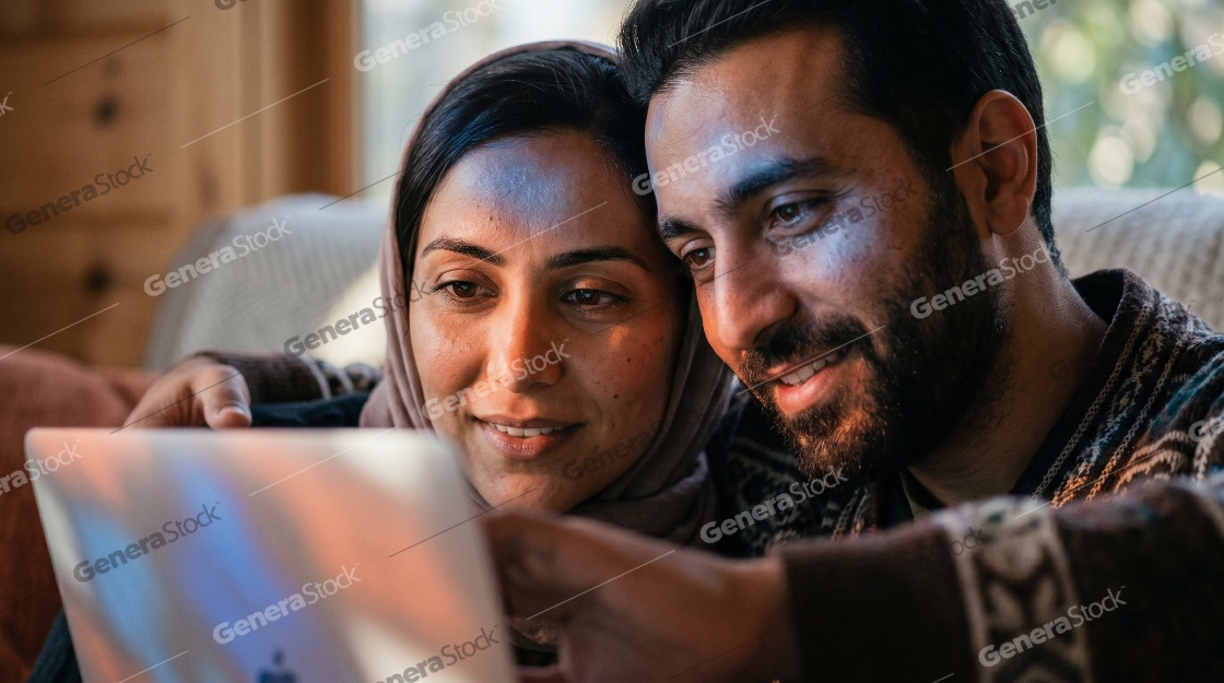 Happy Young Muslim Couple Looking at Laptop Screen Together at Home