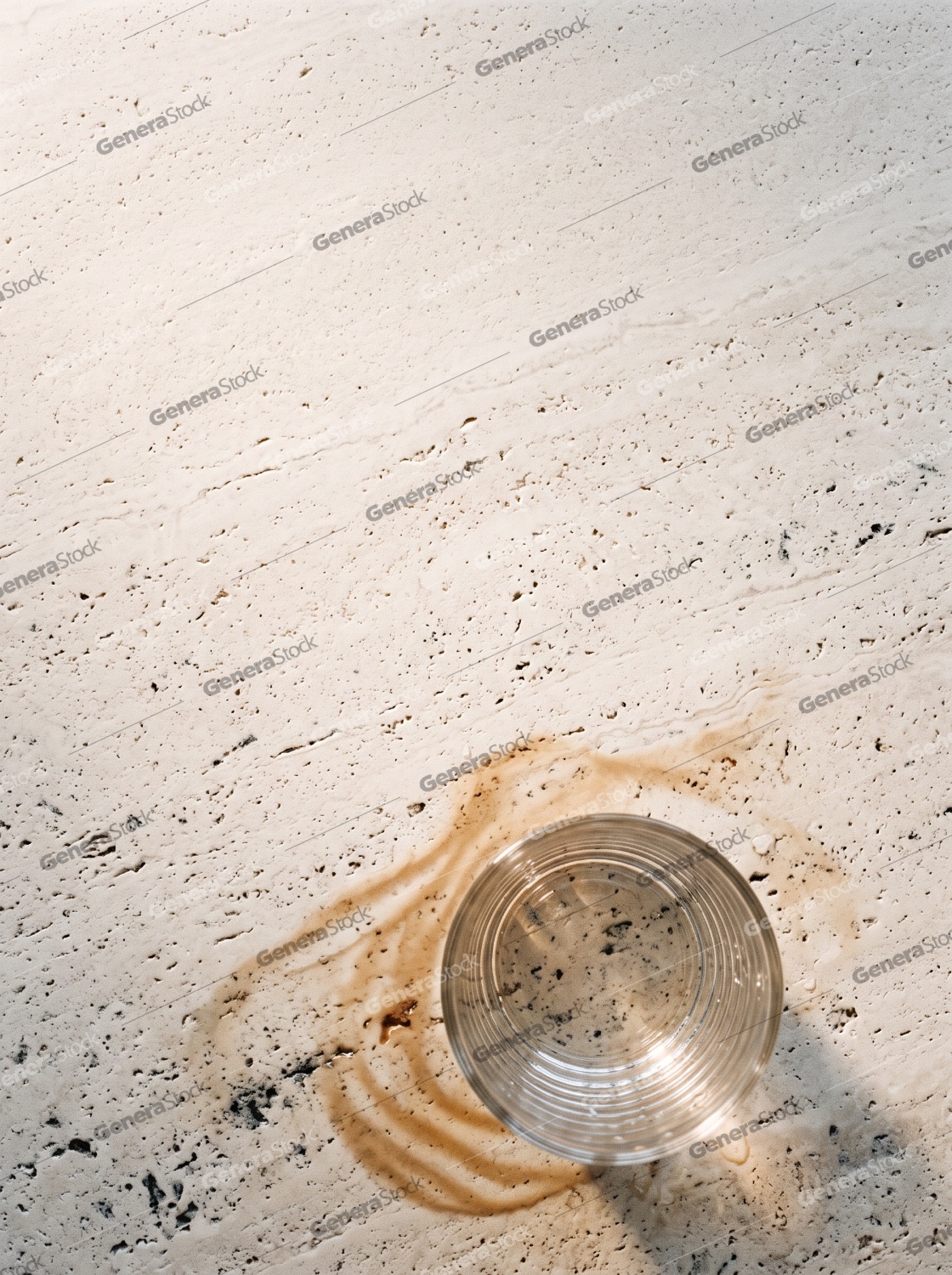 Overhead view of an empty glass cup on a coffee stain over a lig