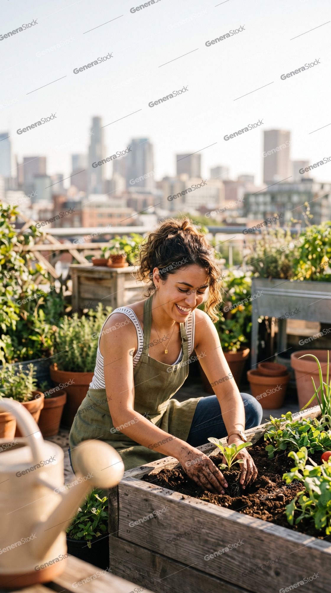 Happy young woman planting vegetables in a rooftop garden with a city skyline in the background