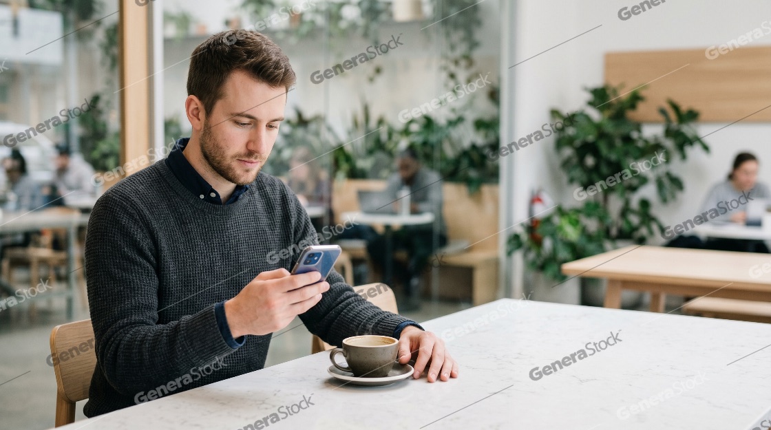 Young man using a smartphone while sitting at a table with a cup of coffee in a modern cafe