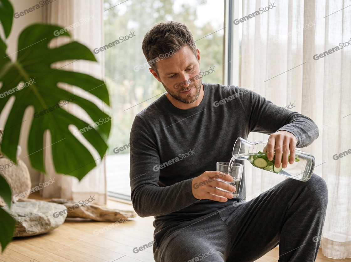 Healthy man pouring fresh cucumber infused water from a carafe into a glass at home