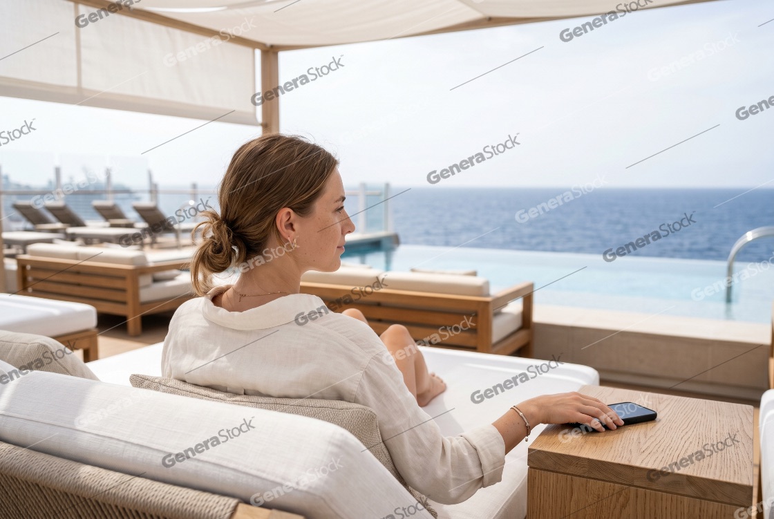 Young woman relaxing on a luxury terrace with infinity pool overlooking the ocean