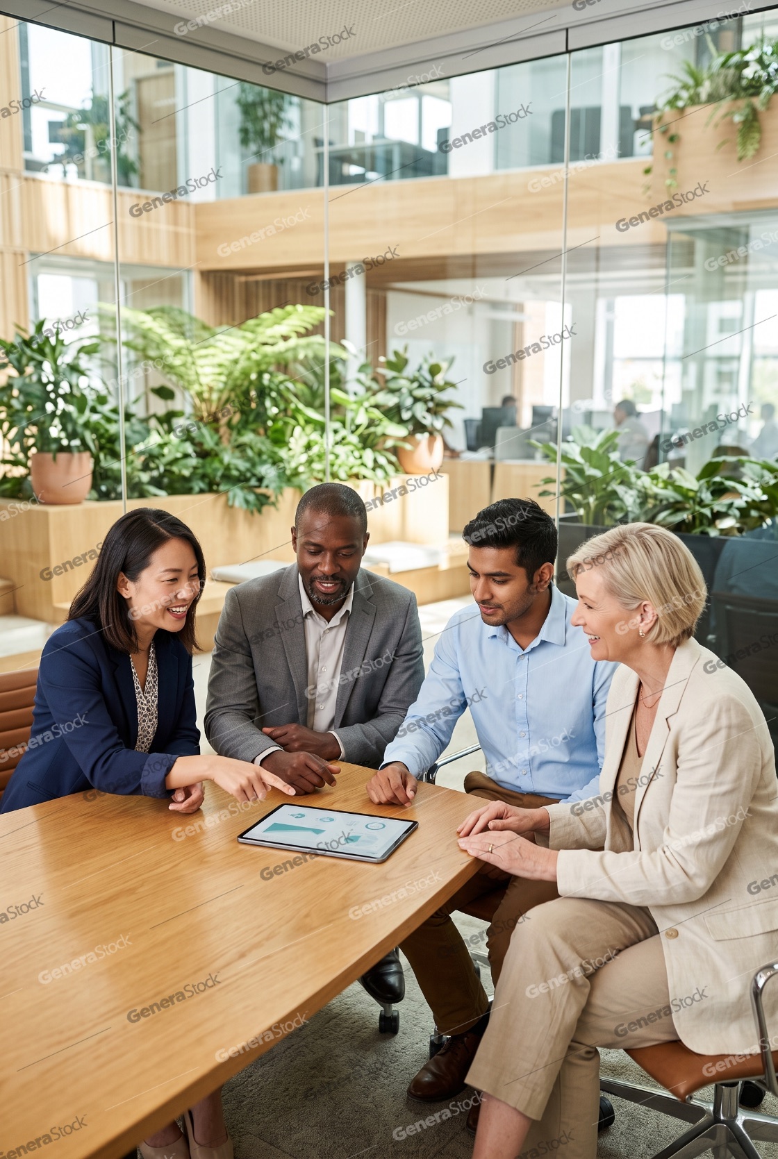 Diverse professional team collaborating in a modern, plant-fille