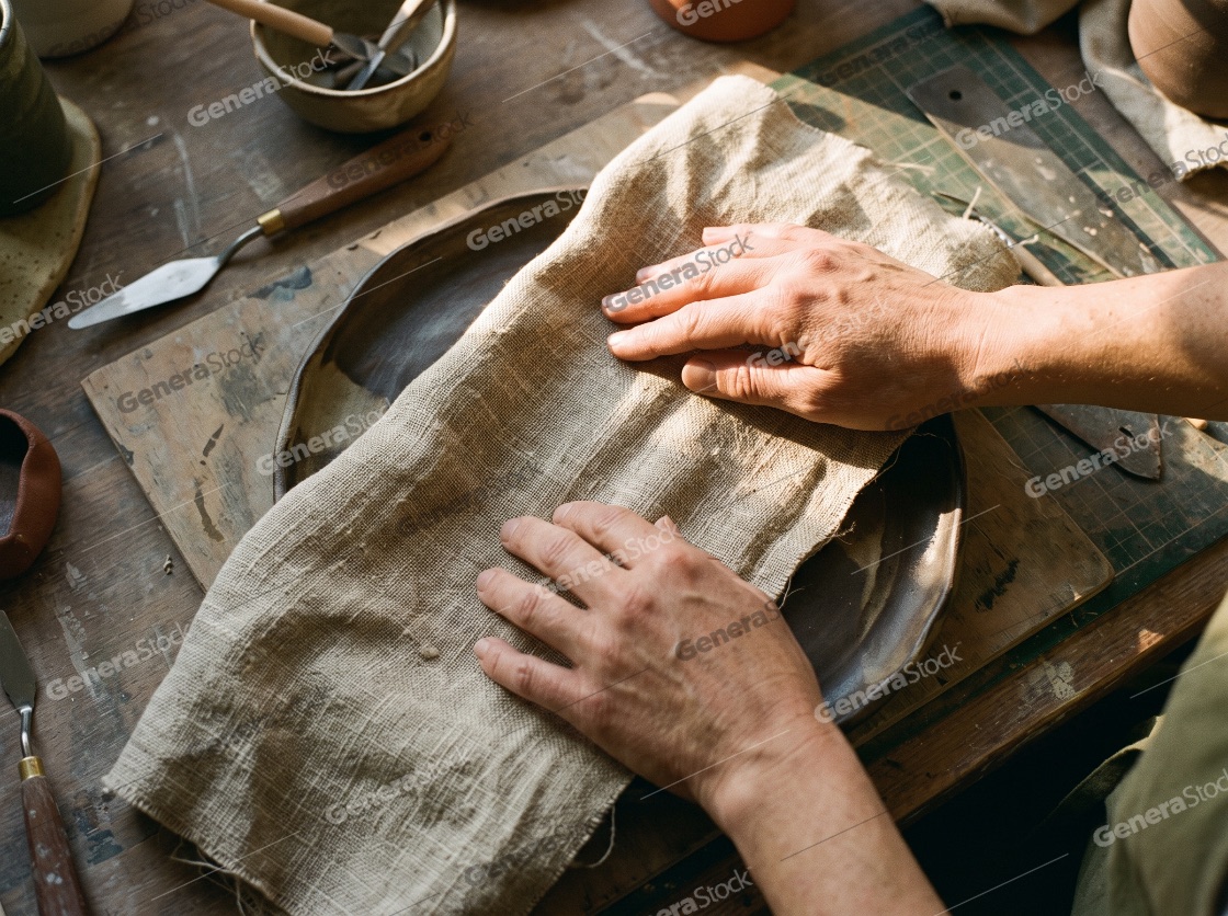 Potter's hands pressing textured linen cloth onto a hand-crafted