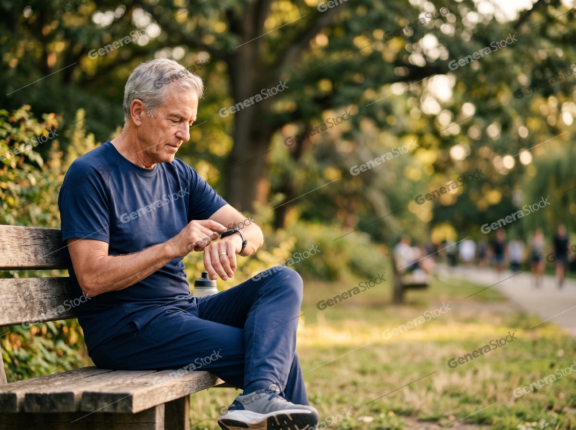 Active Senior Man Checking His Smartwatch While Sitting on a Park Bench During a Workout