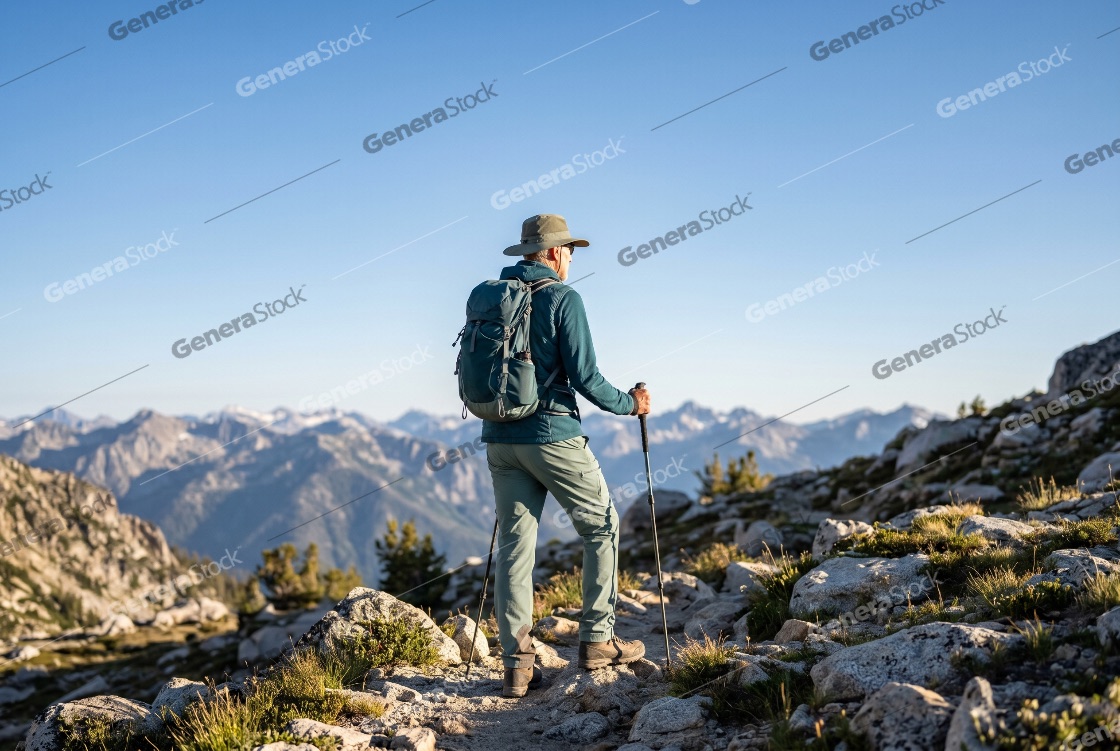 Active senior man with backpack and trekking poles standing on a rocky mountain trail looking at a scenic vista under a clear blue sky