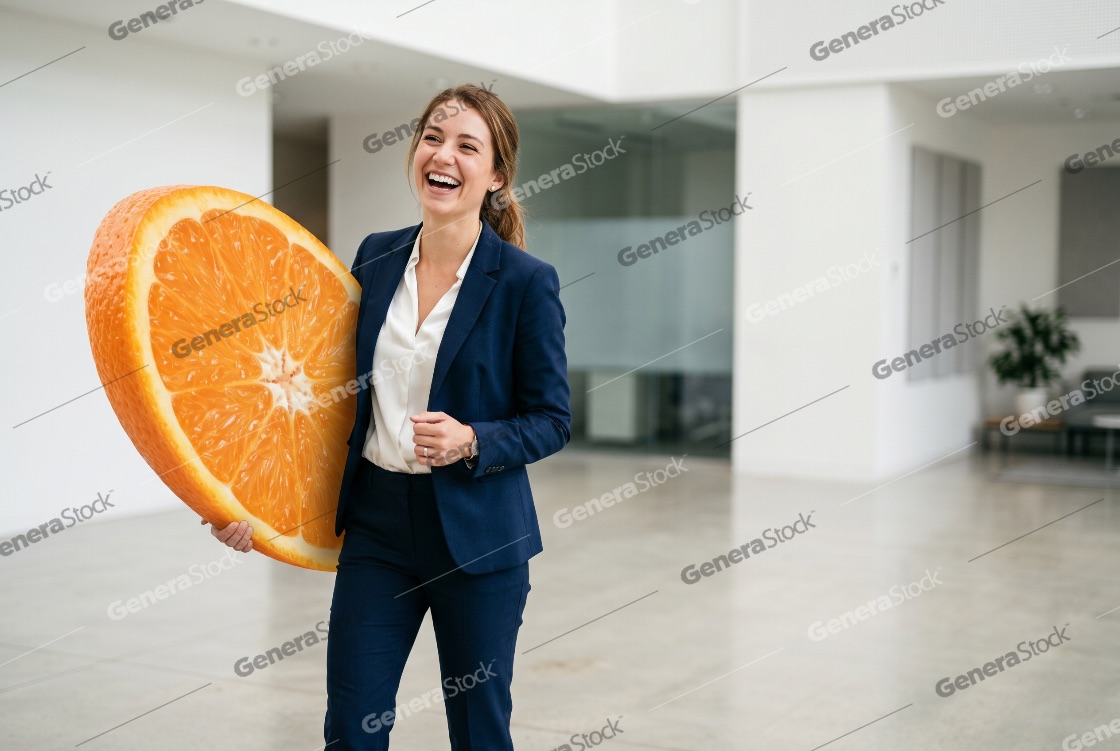 Cheerful businesswoman in a blue suit carrying a giant orange slice through a bright modern office lobby