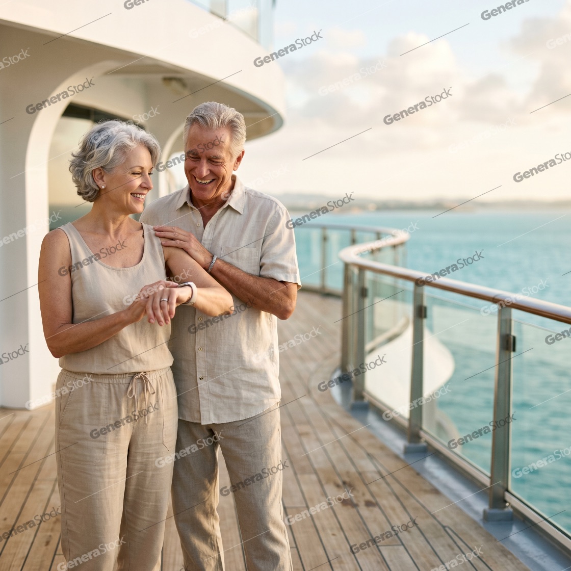 Happy Senior Couple Enjoying a Luxury Cruise Vacation While Checking a Smartwatch on Deck at Sunset