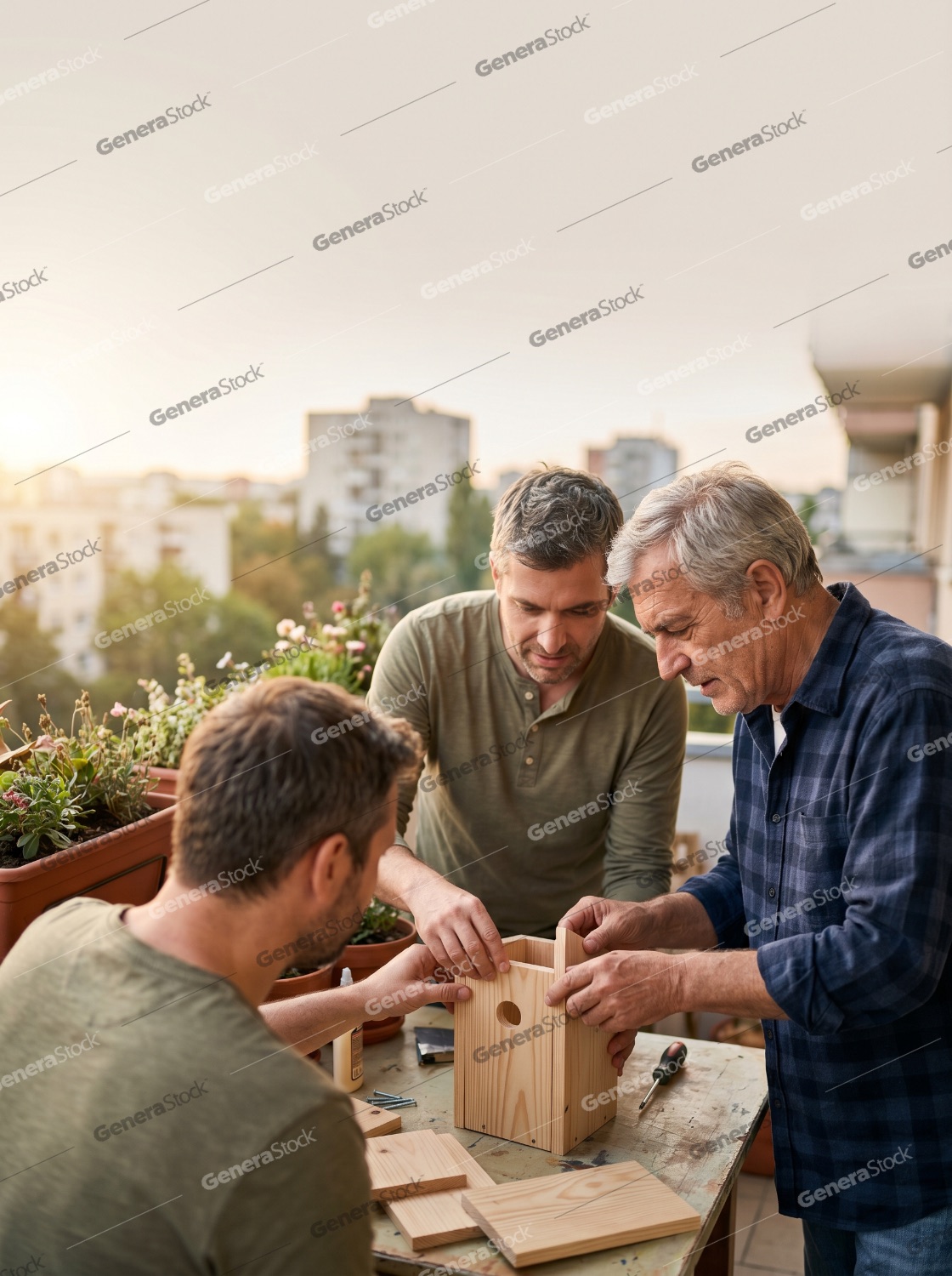 Three Generations of Men Building a Wooden Birdhouse Together on a Balcony at Sunset