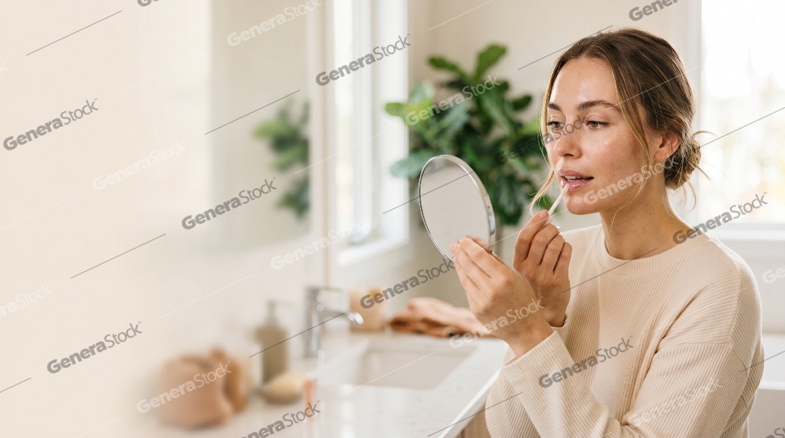 Beautiful young woman applying lip gloss while looking into a hand mirror in a bright bathroom