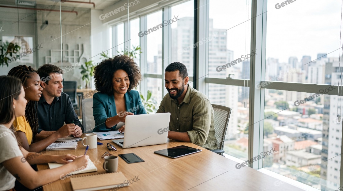 Diverse group of business professionals collaborating and smiling during a meeting in a modern office with a city view