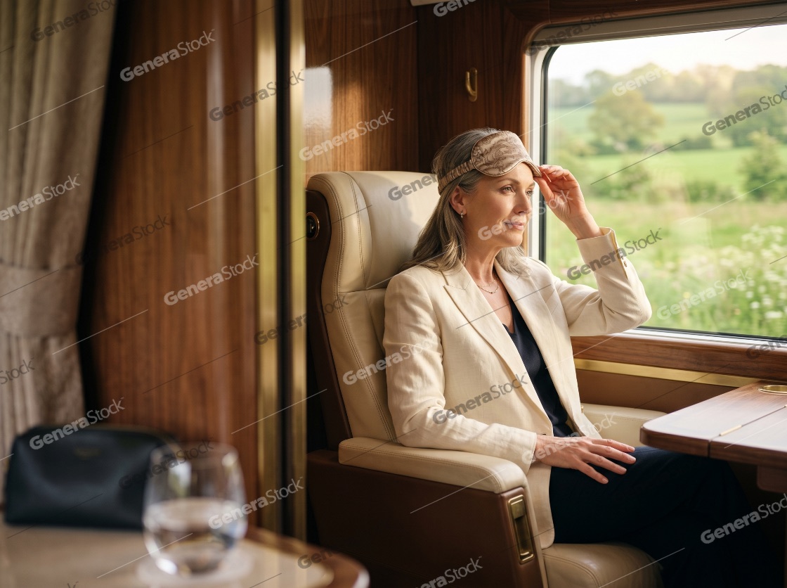 Elegant mature woman traveling in a luxury train carriage lifting her sleep mask to look out the window at the countryside