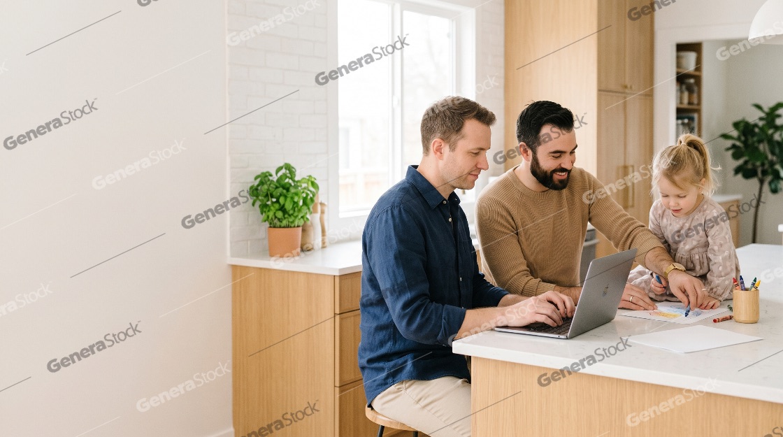 Male gay couple with their young daughter in a bright modern kitchen, one father working on a laptop while the other helps the child draw