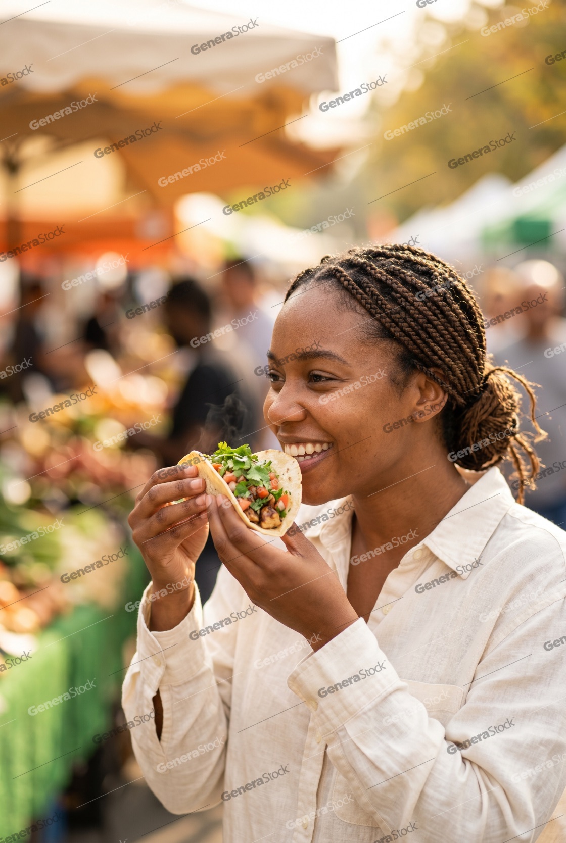 Happy young Black woman enjoying a fresh taco at an outdoor street food market