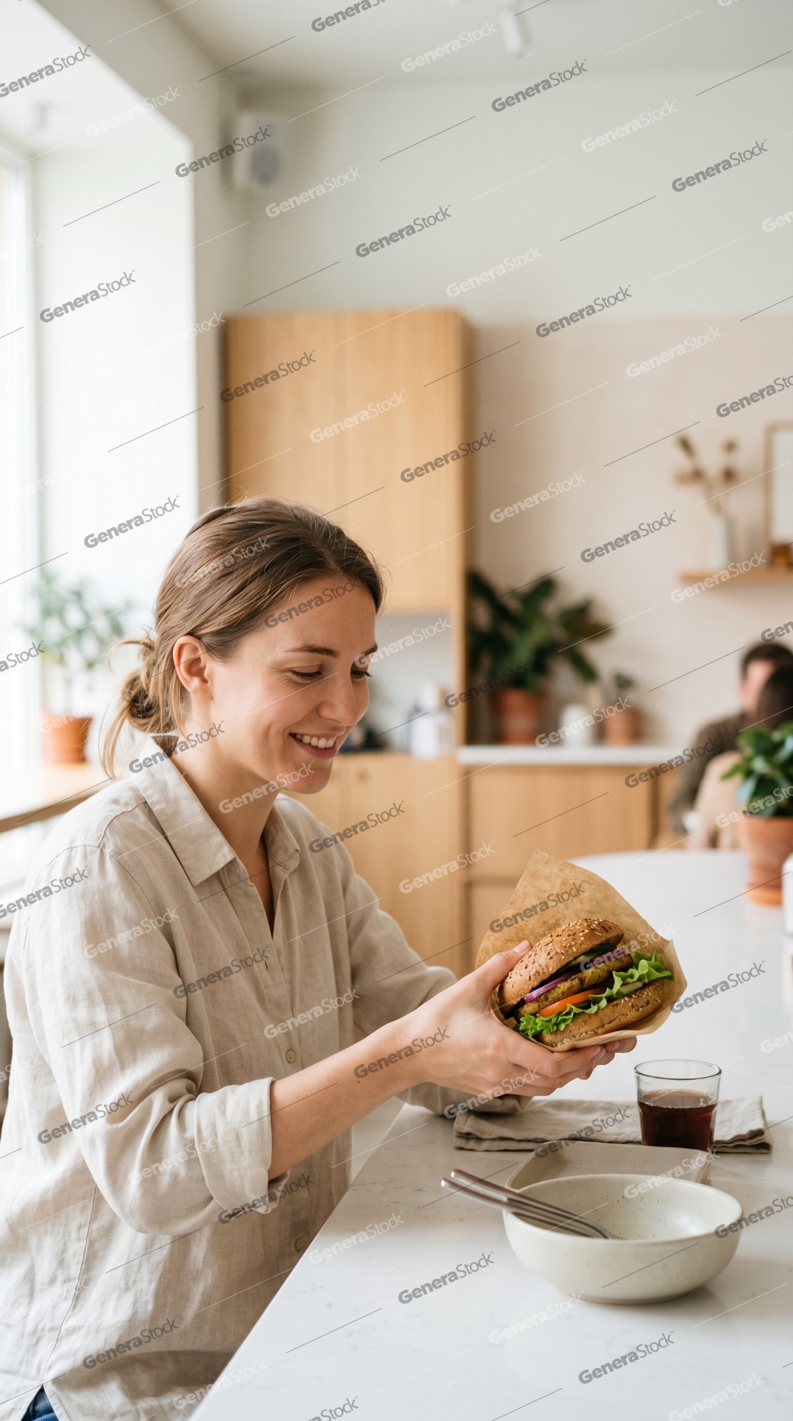 Happy young woman holding a delicious vegan burger in a modern bright cafe