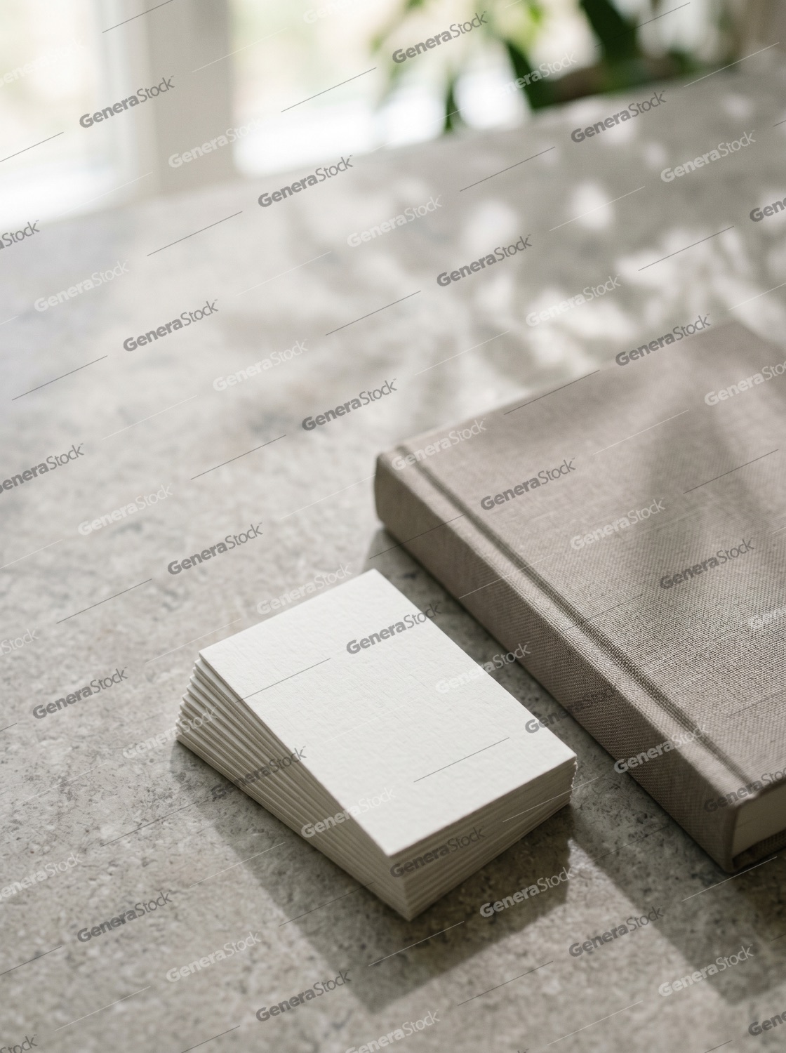 Minimalist mockup of blank business cards and a linen-bound notebook on a textured stone surface with soft sunlight and leaf shadows