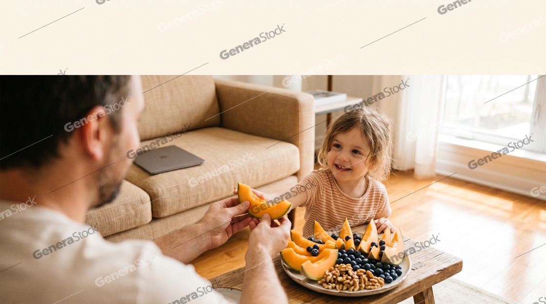 Happy Little Girl Sharing a Slice of Melon with Her Father at Home