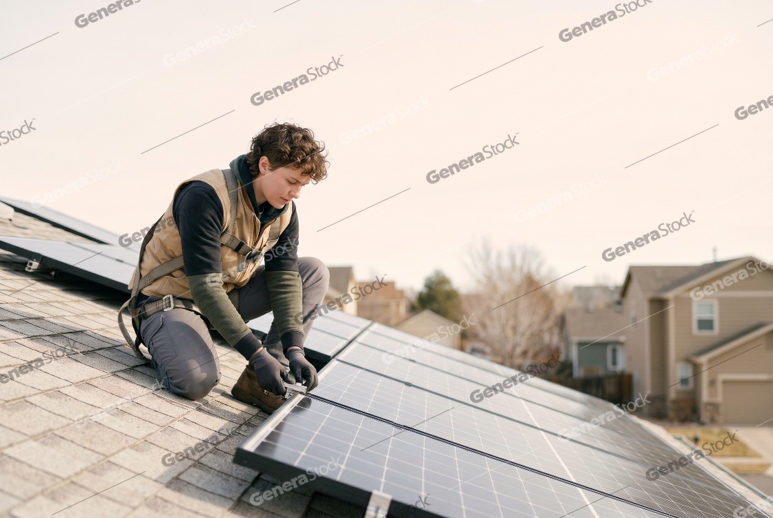 Young technician installing solar panels on a residential roof, focusing on green energy and sustainable home improvement in a suburban neighborhood