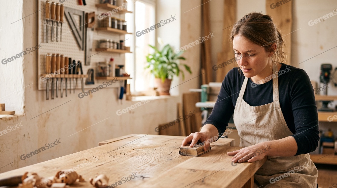 Professional female woodworker sanding a large wooden tabletop in a bright workshop with tools in the background