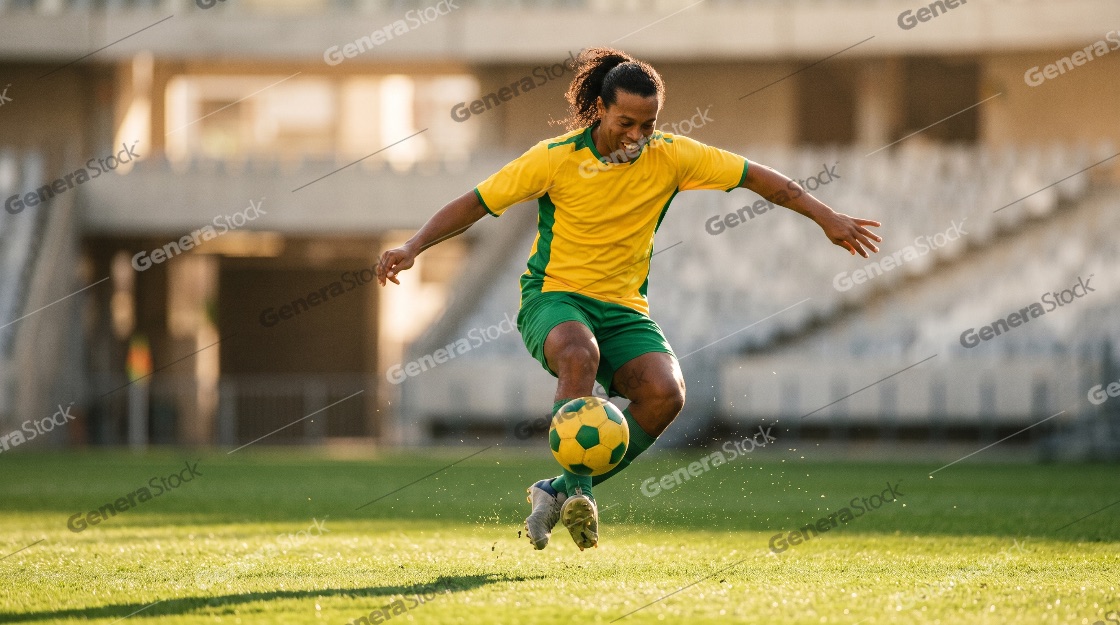 Professional soccer player in yellow and green jersey juggling a ball on a stadium field during sunset