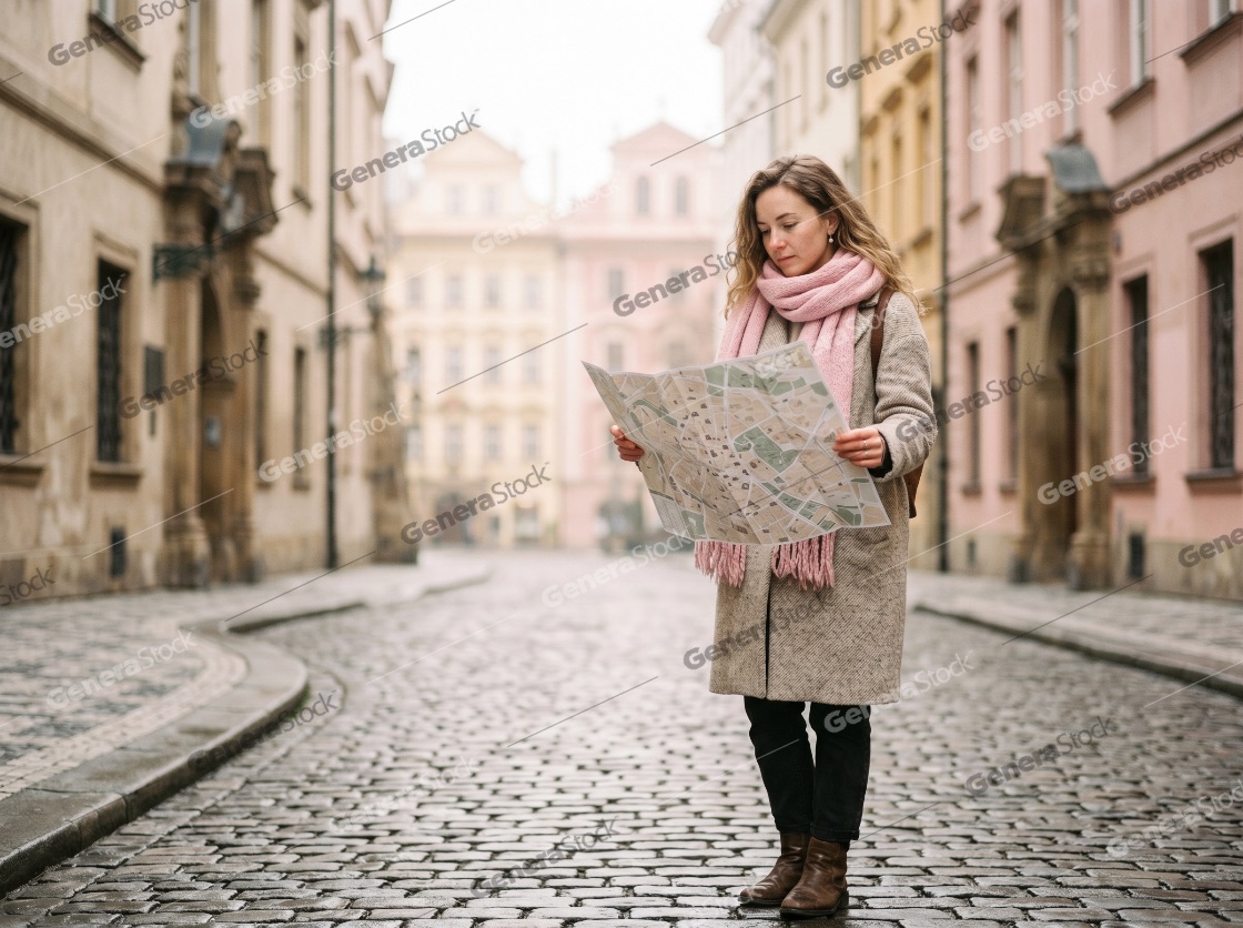 Young Woman Tourist Looking at a Paper Map on a Cobblestone Street in an Old European City