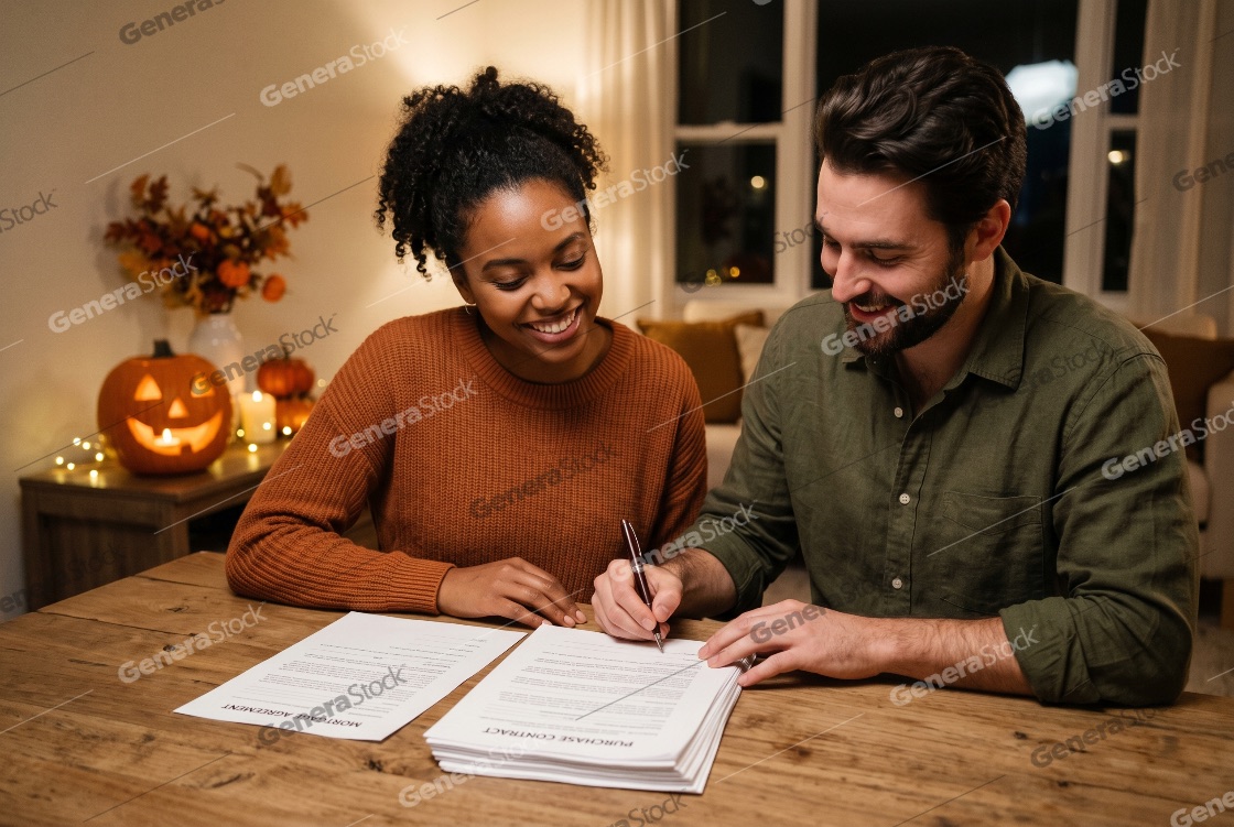 Happy Multi-ethnic Couple Signing Home Purchase Contract and Mortgage Agreement During Halloween Season