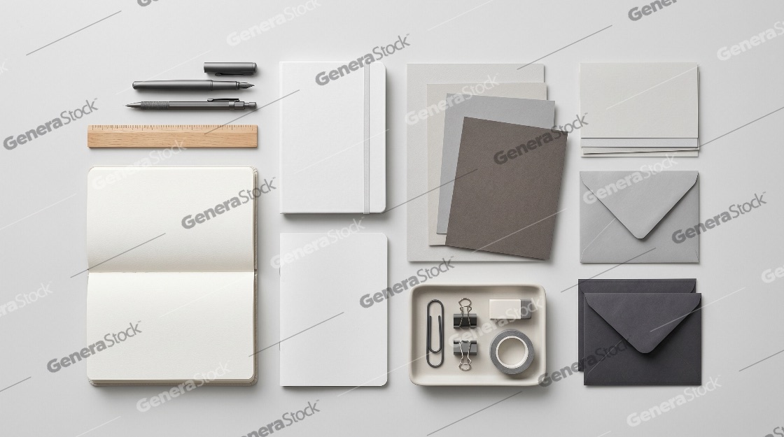 Minimalist office stationery mockup set featuring notebooks, pens, envelopes, and paper supplies in a flat lay composition