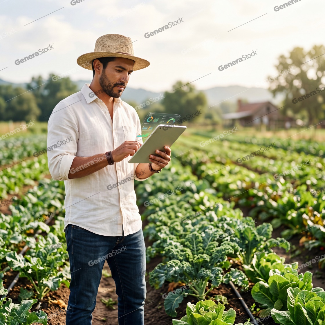 Modern farmer using a digital tablet with holographic data in a vegetable field for smart agriculture
