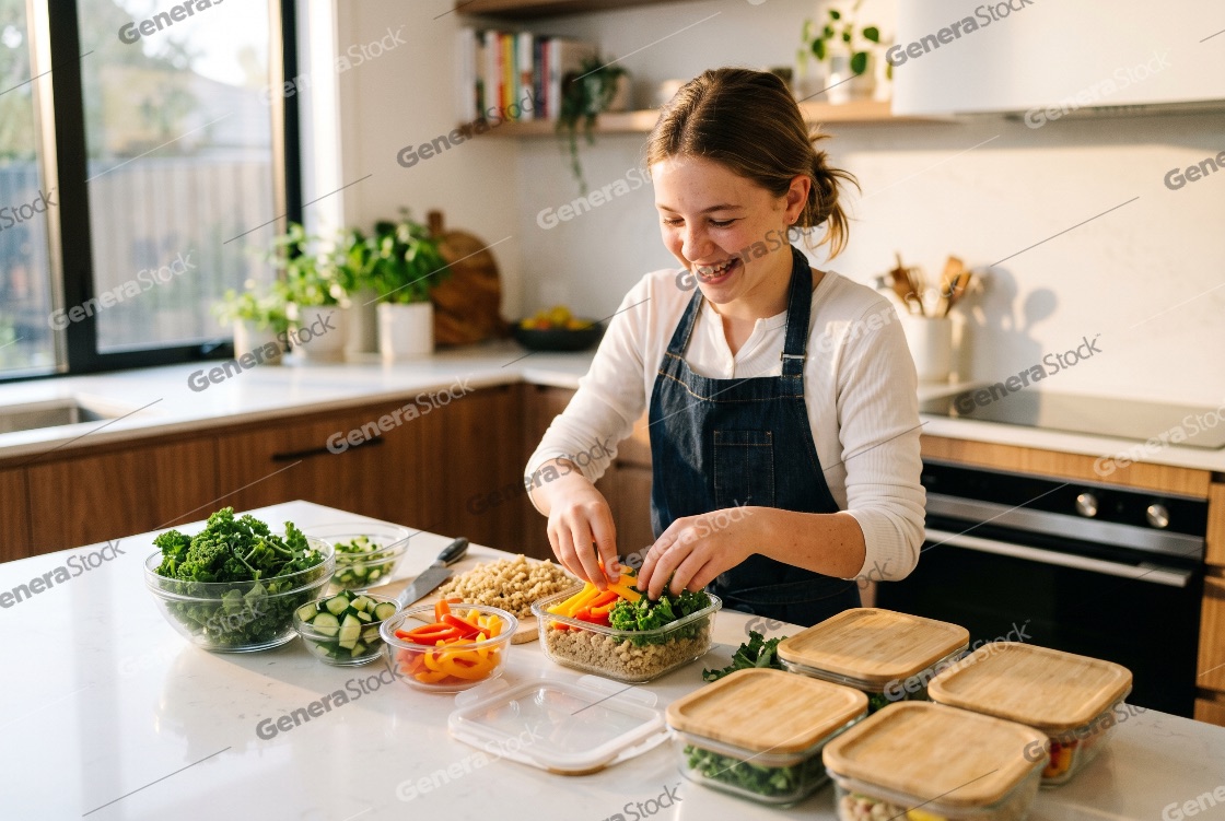 Happy teenage girl in a denim apron preparing healthy lunch boxes with fresh vegetables and quinoa in a modern kitchen