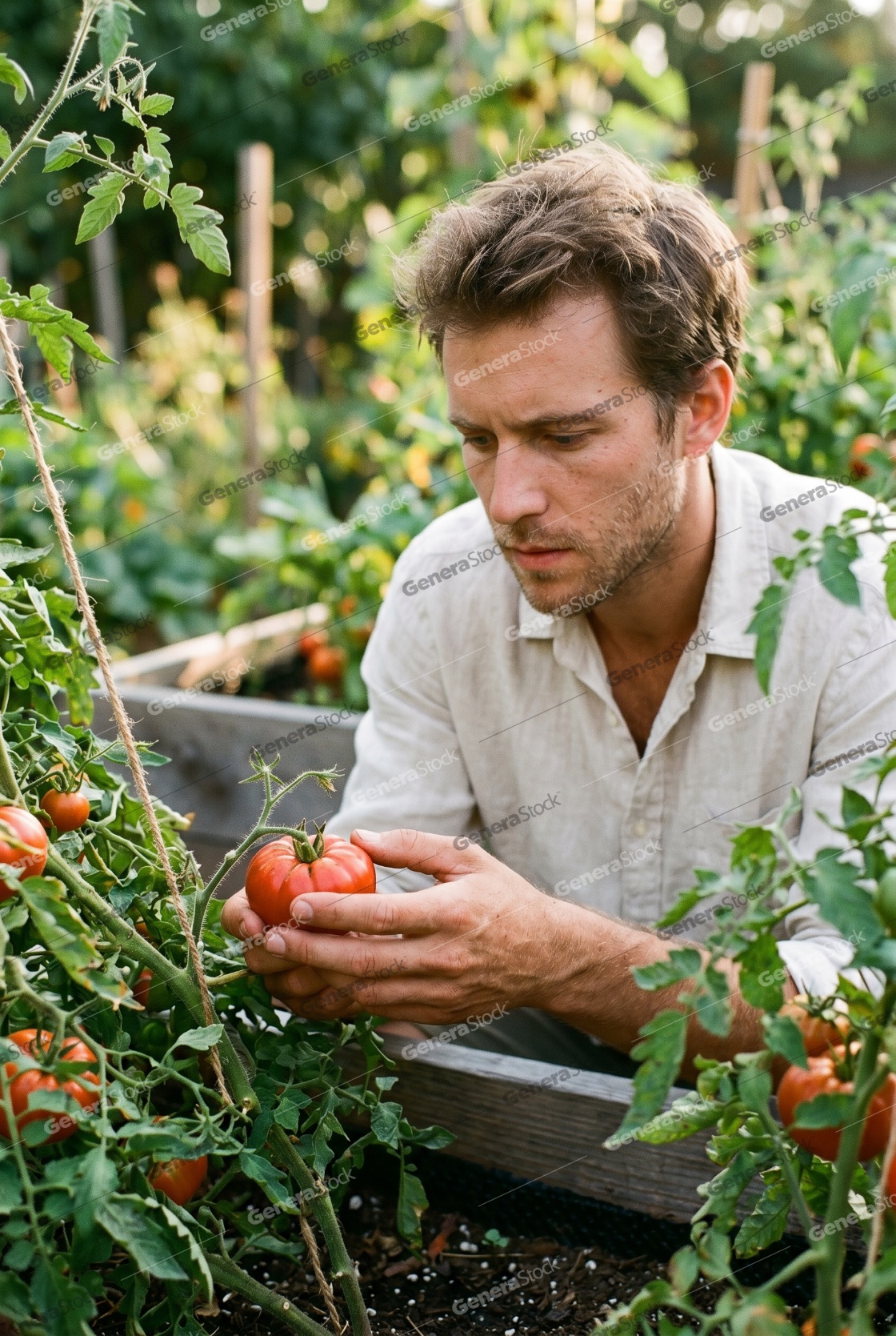 Focused man inspecting a ripe tomato on the vine in a lush backyard vegetable garden at sunset