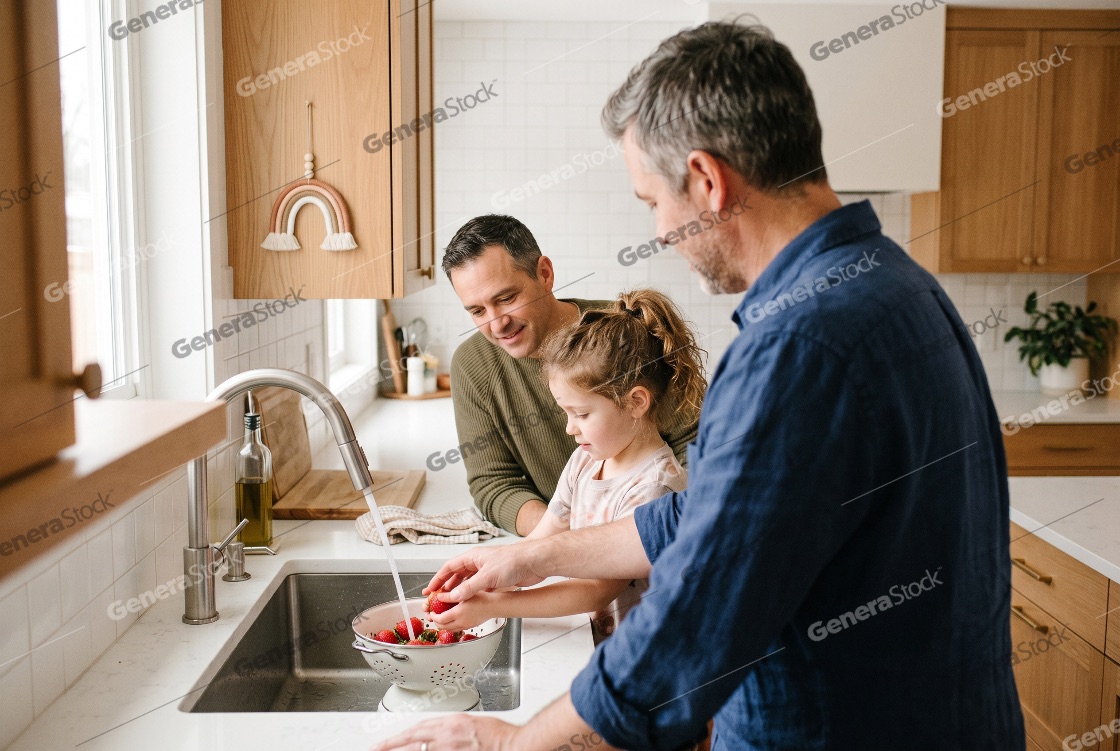 Happy same-sex male couple with their young daughter washing fresh strawberries in a modern kitchen