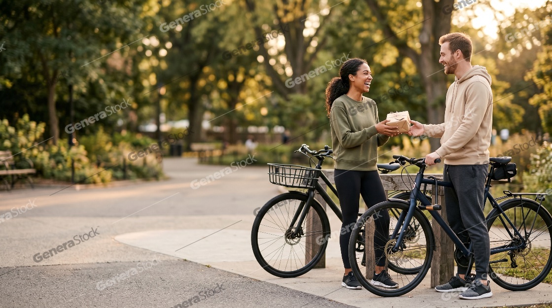 Happy Interracial Couple Exchanging a Gift in a Sunny Park While Cycling Together