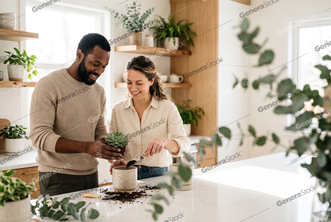 Happy Multiethnic Couple Repotting a Succulent Plant Together in a Bright Modern Kitchen