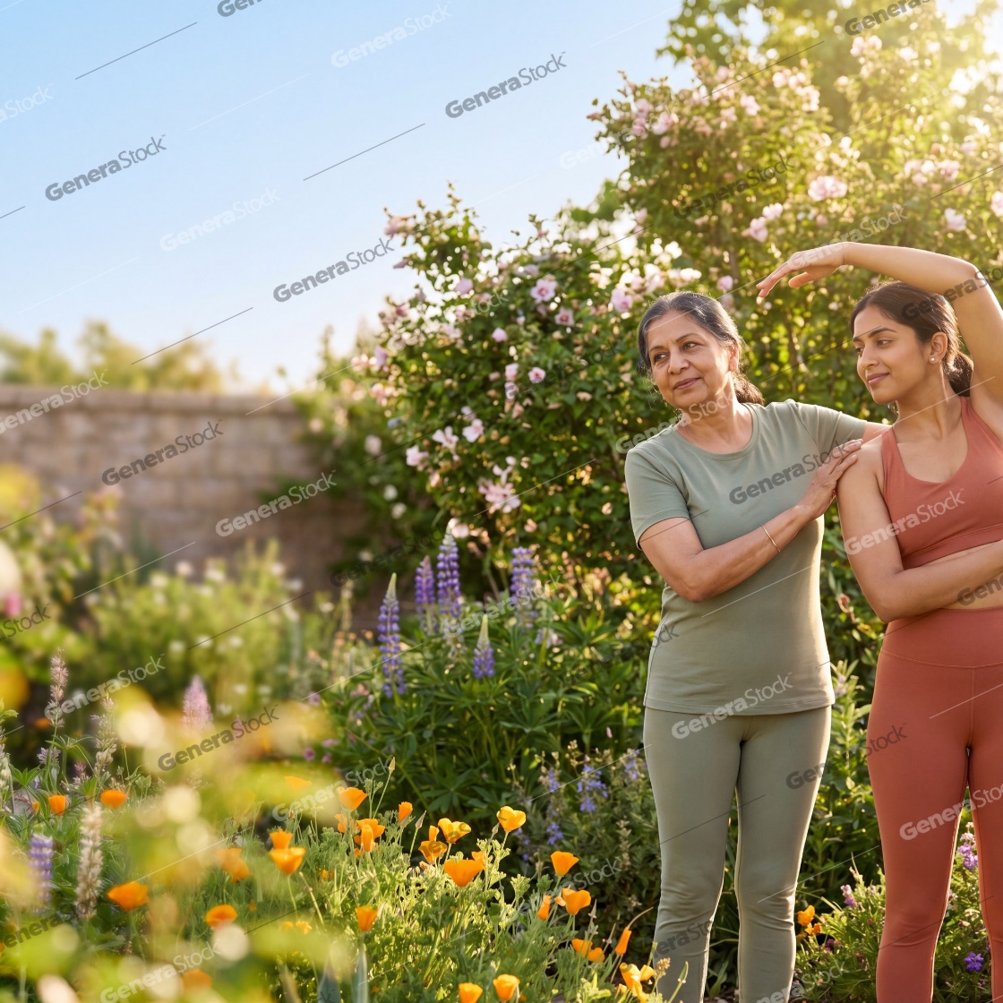 An Indian mother and daughter practicing yoga and stretching exercises in a beautiful blooming flower garden on a sunny day, focusing on health, wellness, and family bonding outdoors
